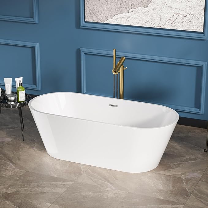 Sarlai 67 Inch Acrylic Freestanding Soaking Bathtub Contemporary Soaking White Tub Stand Alone Ergonomic Bathtub with Black Drain