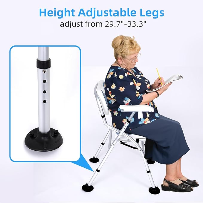 Shower Chair for Inside Shower,Foldable Shower Chair for Elderly and Disabled, Adjustable Height Chairs with Padded Arms and Back for Bathroom,Compact and Comfortable ,Extra Wide U-Shape