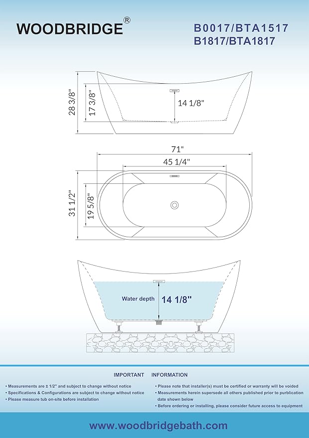 WOODBRIDGE 71" Acrylic Freestanding Bathtub Contemporary Soaking Black Tub with Brushed Nickel Overflow and Drain,Black,B1817-BN