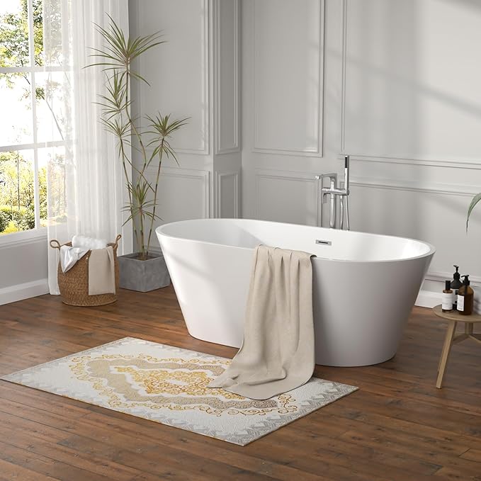 63 Inch Freestanding Bathtub White Acrylic Roll Top Soaking Tub with Chrome Drain Spacious Tub for Modern Homes, YSB9221
