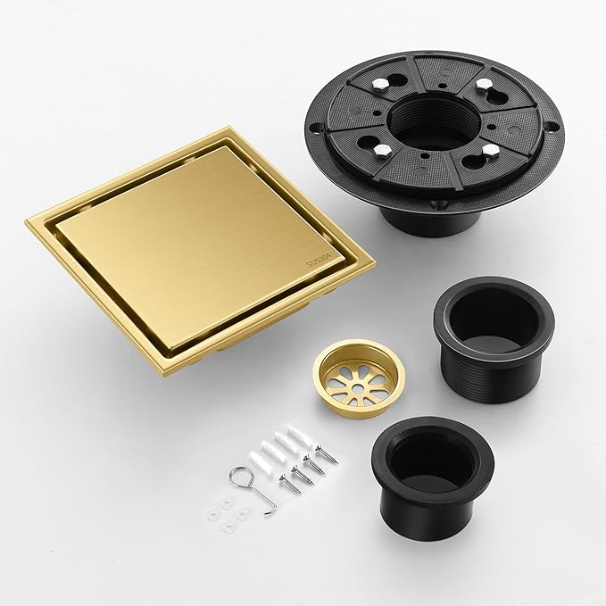 Hidden Brushed Square Shower Floor Drain, Gold 6 inch, 304 Stainless Steel, with Flange, Detachable Cover Embedded in Ceramic Tiles