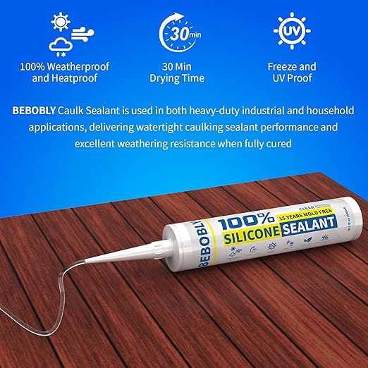 Silicone Caulk & Sealant Clear, 100% Waterproof Silicone Sealant, Shrink & Crack Proof, Silicone Sealant Caulking for Kitchen, Bathroom, RV, Interior & Exterior Use, 10.2 FL. OZ/300ML, 12 Pack
