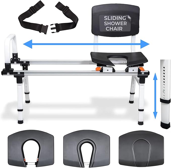 ShowerGlyde SG1 - FSA HSA Eligible - Sliding Shower Chair - Tub Transfer Bench with Grab Bar, Back Support | Premium Mobility Aid for Secure Bathroom Transfers