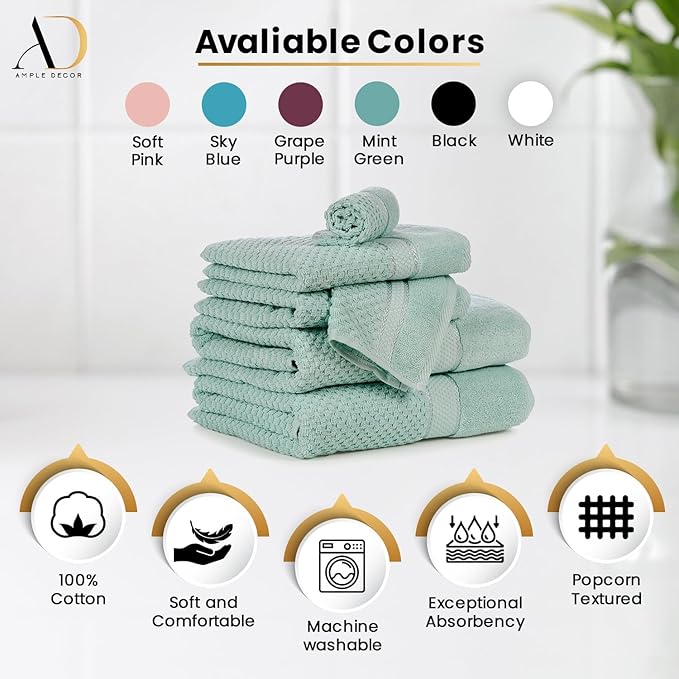 Ample Decor 100% Cotton Washcloths Set of 200 12 X 12 Inch - Highly Absorbent, Popcorn Textured - Mulaayam Collection - Mint Green 200Pcs