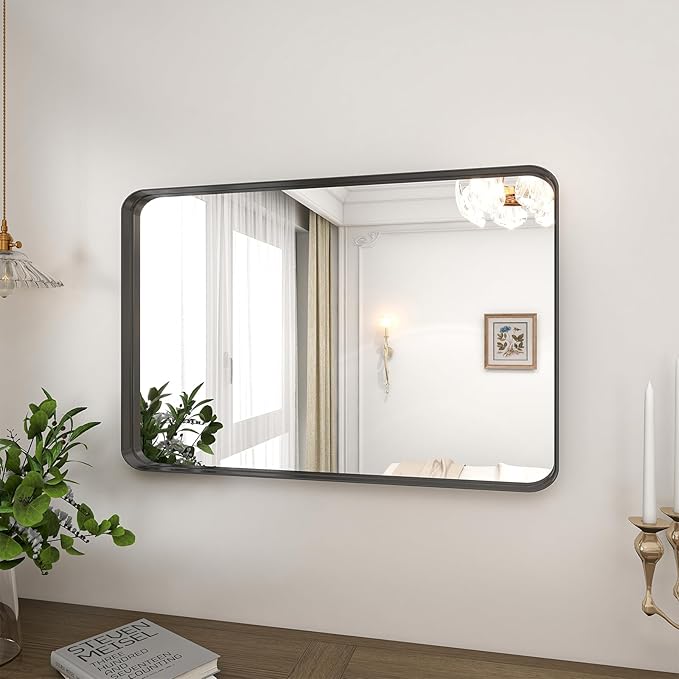 VooBang Bathroom Mirror 24x36 inch, Black Gorgeous Deep Frame Wall Mirror, Modern Round Corner Bathroom Vanity Mirror for Bedroom, Living Room, Hanging or Leaning Horizontal or Vertical, Black