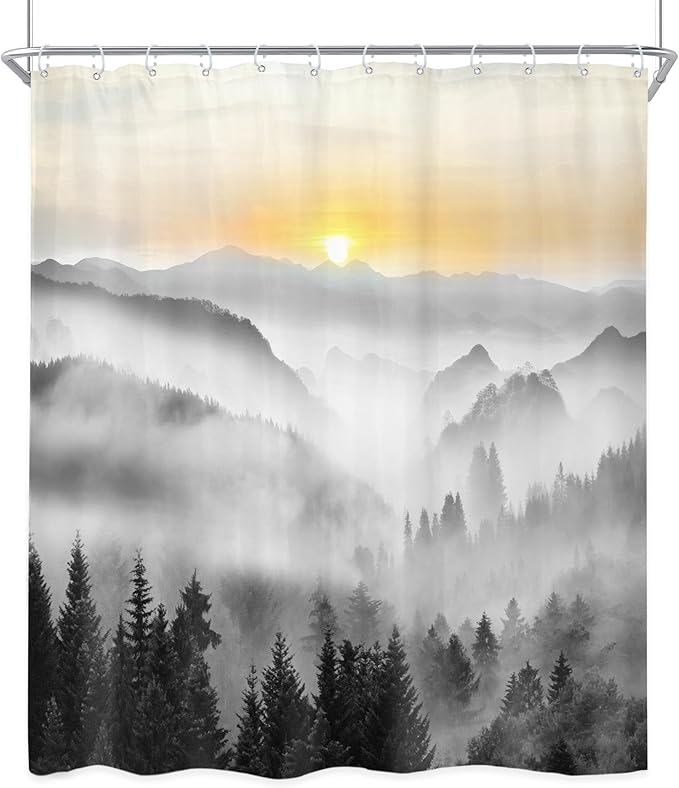 Riyidecor Misty Mountain Shower Curtain 60Wx72H Inch Sunrise Foggy Woodland Greenery Smokey Black Spring Scenery Tree Nature Pine Scenic Bathroom Decor Fabric Polyester Waterproof 12 Pack Hooks