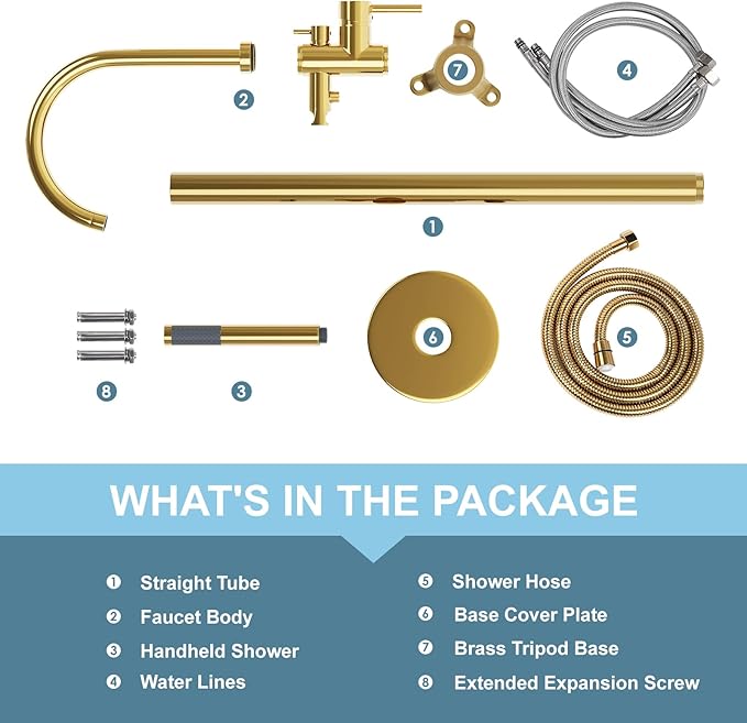 Freestanding Bathtub Faucet, Floor Mount Bathtub Faucet with 2 Water Outlet Modes, Swivel Gooseneck Spout with Hand Shower, Brass Single Handle Tub filler, Max Flow Rate 7.4 GPM, Gold
