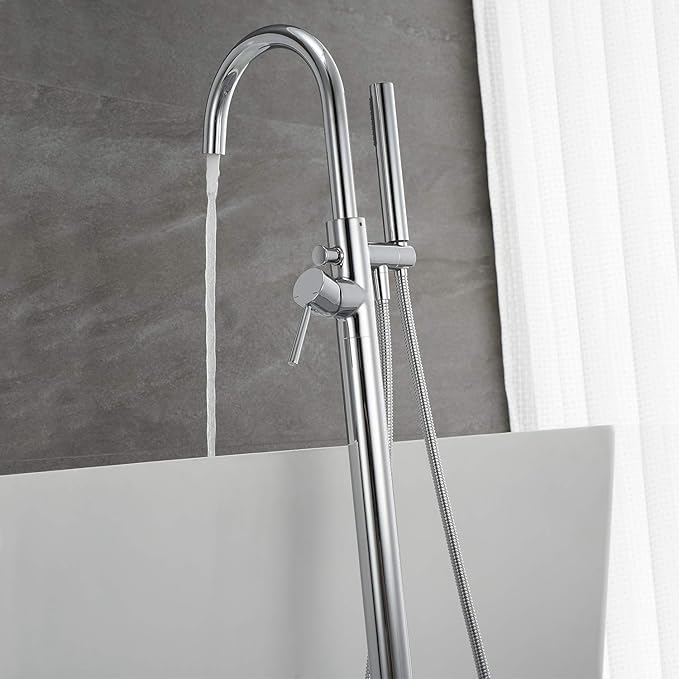Freestanding Tub Filler Bathtub Faucet Chrome Single Handle Floor Mounted Faucets with Handheld Shower