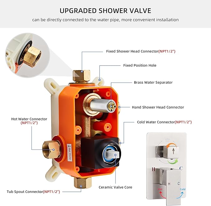 Shower Faucet Set with Tub Spout, Brushed Nickel Rainfall Shower System Complete Wall Mounted for Bathroom with 12 Inch Square Shower Head and Handheld Shower Head Rain Mixer Combo Set