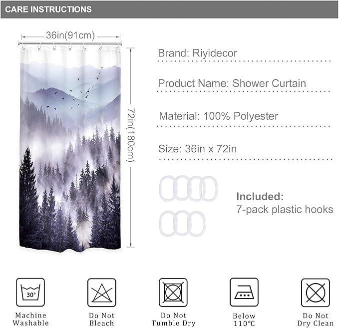 Riyidecor Stall Half Small Rv Shower Curtain 36Wx72H Inch Purple Mountain Camp Narrow Scenery Nature Woodland Pine Tree Bathroom Decor Fabric Polyester Waterproof 7 Pack Hooks