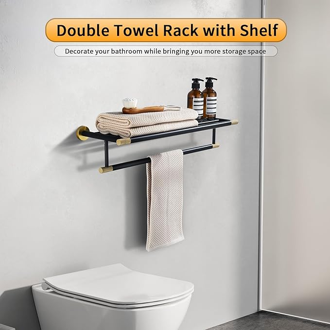 Black Brushed Gold Towel Rack 24'' Bath Towel Shelf with Towel Bars SUS304 Matte Black Stainless Steel Wall Mounted，Modern Bathroom Storage Shelf