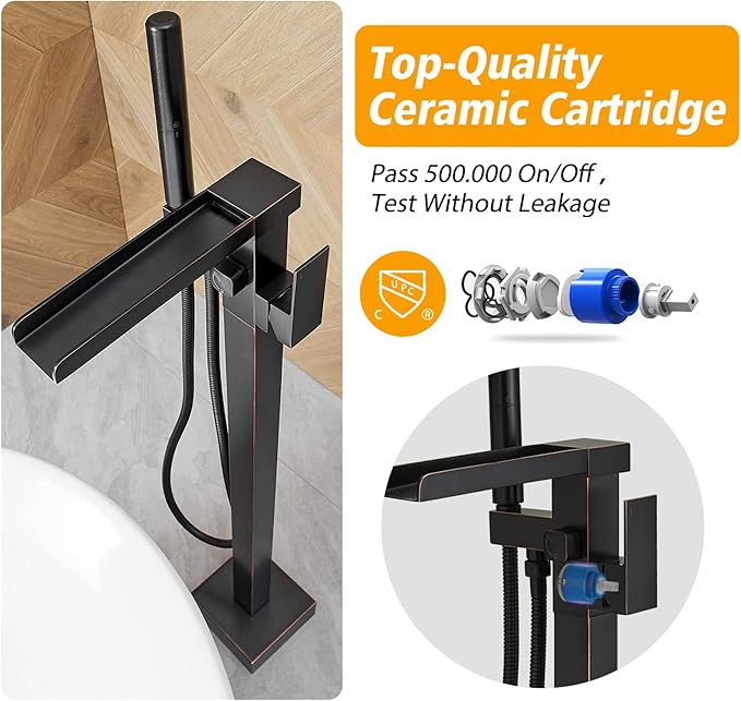 BESy Freestanding Bathtub Faucet Waterfall Tub Filler Oil Rubbed Bronze Floor Mount Brass Single Handle Bathroom Tub Faucets with 2 Function Hand Shower Wand