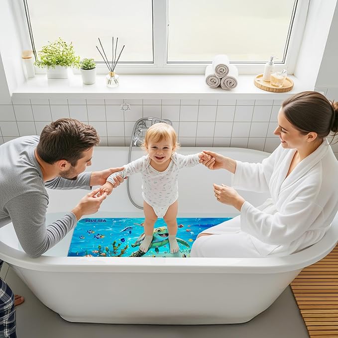 Upgrade Cartoon Baby Bath Mat Non Slip - 40"x16" Extra Long Bathtub Mat for Baby Eco Friendly Durable Bath Mat for Tub Non Slip Kids Tub Mat with Suction Cups, Machine Washable and No Fading, Turtle