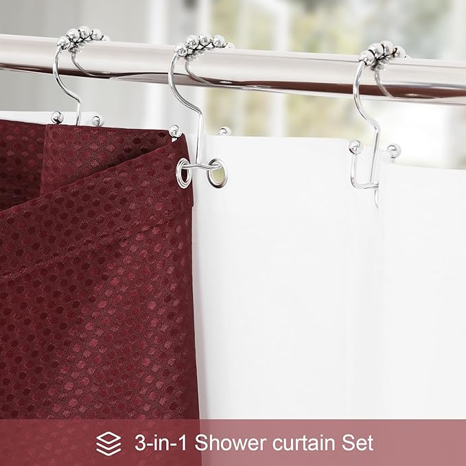 3 in 1 Shower Curtain Set, Burgundy Waffle Shower Curtain and PEVA Liner Set with 12 Stainless Steel Shower Curtain Hooks, Waterproof Fabric Shower Curtains for Bathroom, 72 W x 72 H