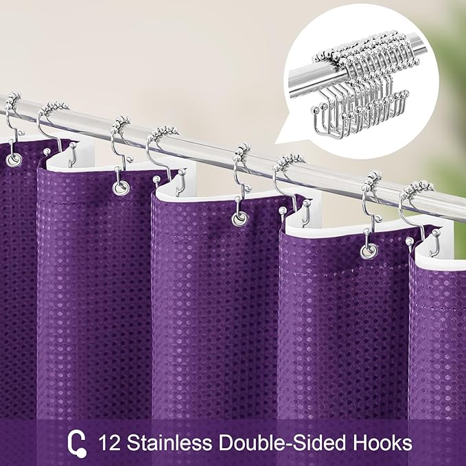 3 in 1 Long Purple Shower Curtain Set-72 W x 78 H, Modern Waffle and PEVA Liner Set with 12 Stainless Steel Hooks, Waterproof Fabric for Bathroom