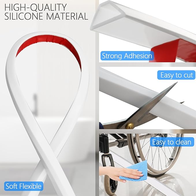 Shower Threshold Water Dam Guard - Self-Adhesive Silicone Waterproof Barrier, Water Stopper Shower Door Bottom Seal Strip Shower Splash Guard for Bathroom Kitchen Bathtub (99in, White)