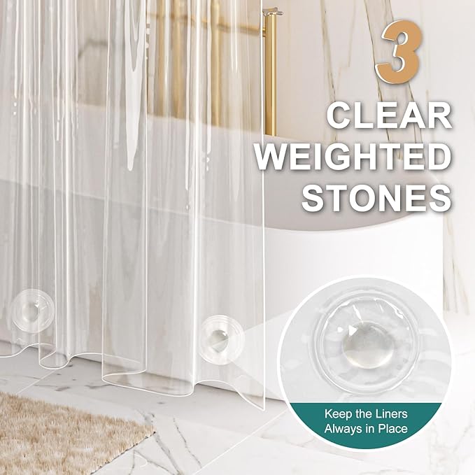 AmazerBath Heavy Duty Shower Curtain Liner 12 Gauge, 72 x 84 Inches Clear Shower Curtain Liner with 3 Clear Stones and 12 Grommet Holes, Weighted Plastic Shower Liner