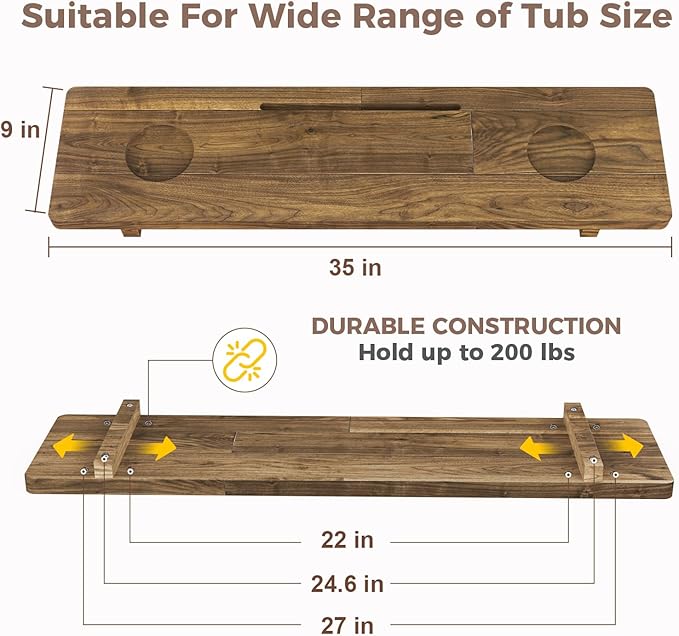 Premium Bathtub Tray, Large & Thick Bath Tub Tray, Solid Acacia Wood Bath Tray for Tub, Bathtub Tray Caddy with Adjustable Legs, Anti-Tipping, Bathtub Accessories, Fits Most Bath Tubs, Idea for Women