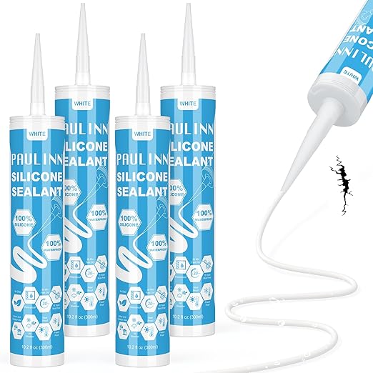 PAULINN Silicone Caulk White, 100% Silicone Sealant Waterproof for RV, Kitchen, Bath, General Use, Window, Door, Glass, Marine, 10.2 Oz, 4 Packs
