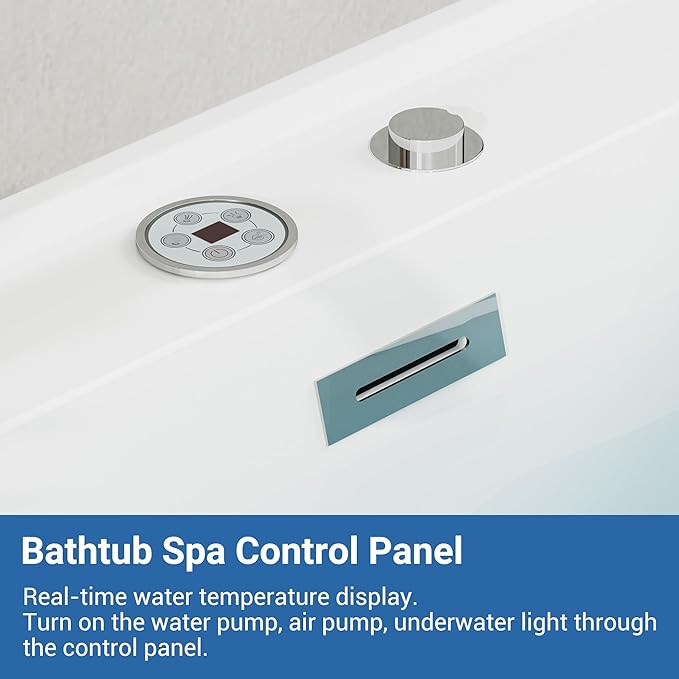 Acrylic Freestanding Bathtubs 71 inch Massage and Air Bubble Jets – Glossy White Soaking Bathtub, Free Standing Bathtub with Heater and Digital Panel, Stand Alone Tub Bathtubs for Bathroom