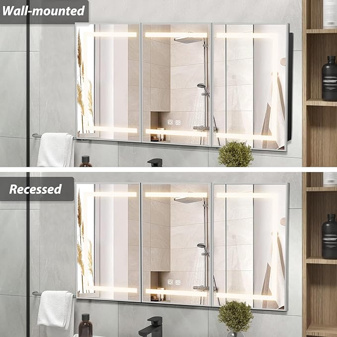 APRILSOUL 60X32 Inch Silver Bathroom Medicine Cabinet with Mirror, Recessed or Surface Lighted Medicine Cabinet with 3 Colors Temperature, Dimmable Light
