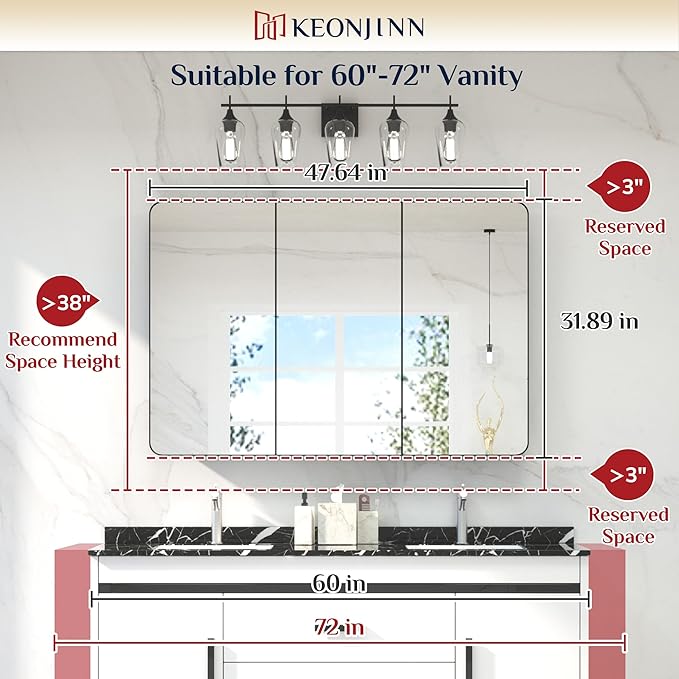 Keonjinn 48 x 32 Inch Large Black Medicine Cabinets, Recessed Bathroom Medicine Cabinet, Black Stainless Steel Framed, Sturdy & Heavy, Adjustable Shelves, Oversized Bathroom Mirror with Storage