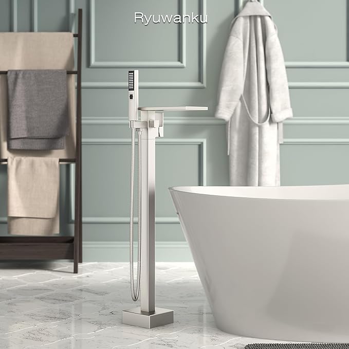 Freestanding Bathtub Faucet with Handheld Sprayer, Brushed Nickel Floor Mount Tub Filler, High Flow Waterfall Brass Bath Shower Faucet for Modern Bathroom