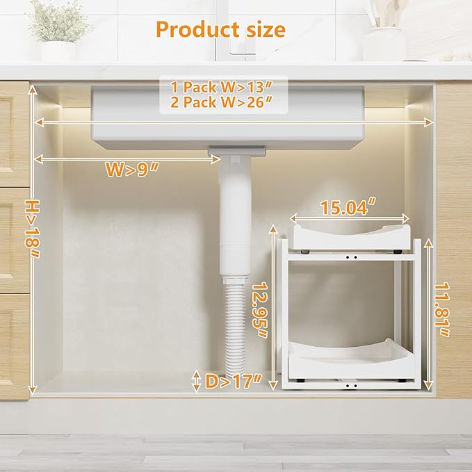 Bamboo Under Sink Organizer Adjustable Height 2 Tier Bathroom Organizer Pull Out Cabinet Storage Kitchen Heave Duty Wood Slide Ou Shelf for Kitchen Bathroom (White, 1 Pack)