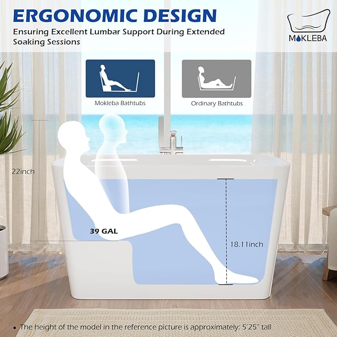 47" Lucite Acrylic Freestanding Bathtub，Square Shape Janpanese Soaking Tub with Seat Desgin,Toe-tap Chrome Right Drain, Slotted Overflow, cUPC Certified,Glossy White