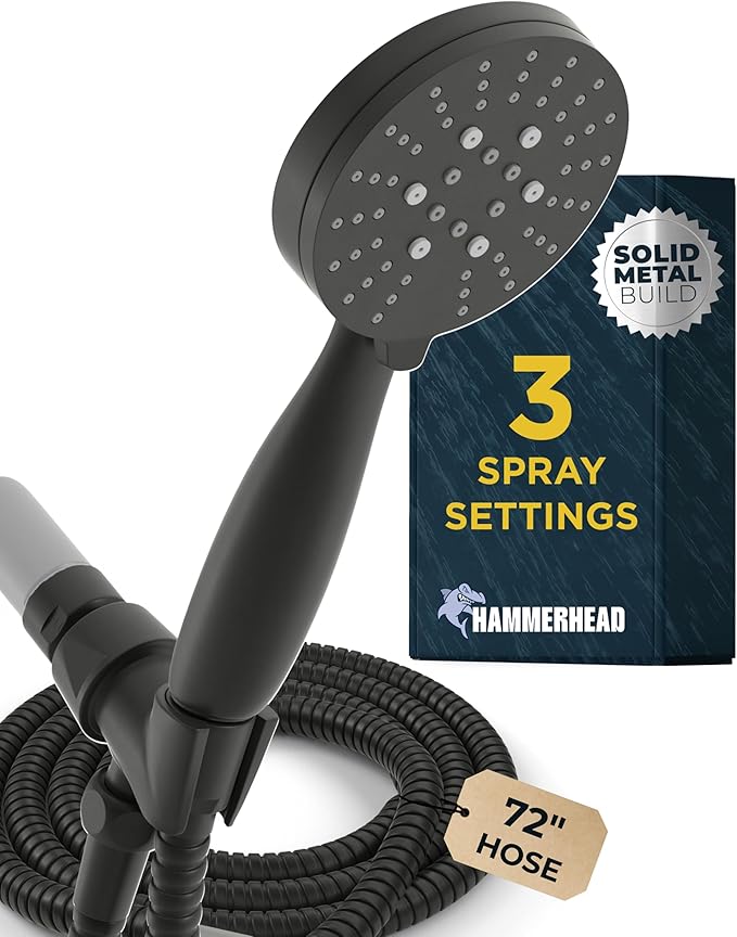 HammerHead Showers® Solid Metal 3-Spray Handheld Shower Head with Long Hose and Holder - MATTE BLACK - 2.5 GPM High Pressure Shower Head with Handheld Sprayer - WIDE, MASSAGE, and MIST Sprays