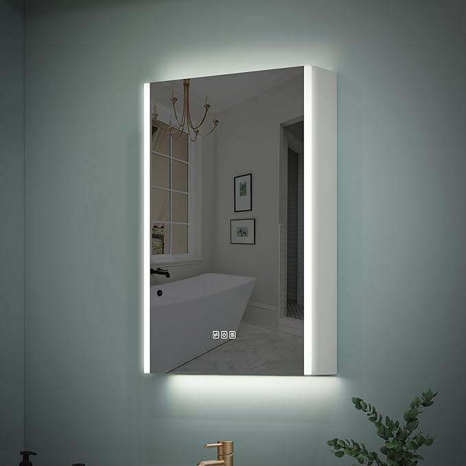 WELLFOR 20" x 30" LED Mirrored Bathroom Cabinet, Mirror Medicine Cabinet with Lights, Defogging LED Mirror Cabinet with Outlets & USB Ports, Surface Mounted, Right Opening Door, Hardwired Connected