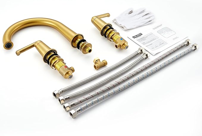 High Flow Roman Tub Faucet with Valve, Widespread Solid Brass 3 Hole Bathtub Faucet, 2 Handle Deck Mount Bath Tub Filler with Supply Water Hoses, Brushed Gold