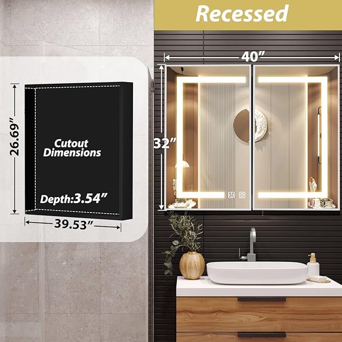 APRILSOUL 40X32 Inch Silver Bathroom Medicine Cabinet with Mirror, Recessed or Surface Lighted Medicine Cabinet with 3 Colors Temperature, Dimmable Light