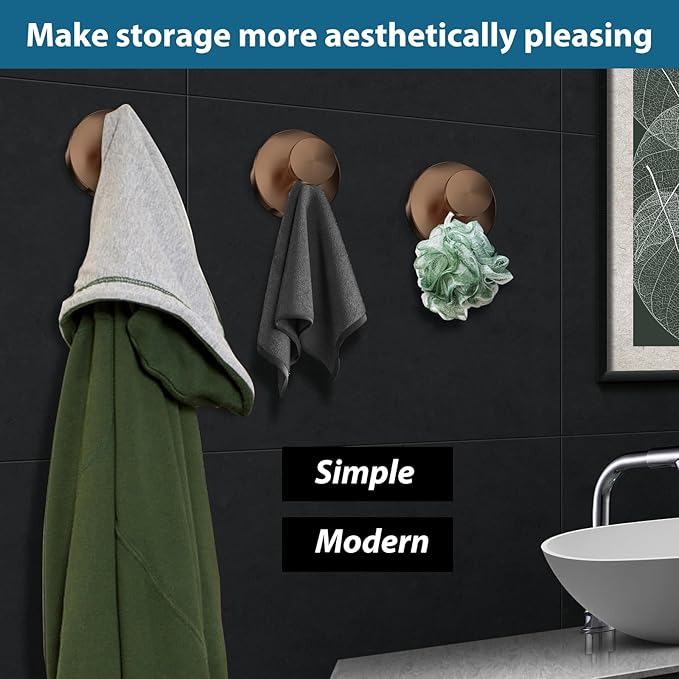 Suction Cup Hooks for Shower, 2 PCS No-Drill Towel Holder for Bathrooms Wall, Glass Door, Mirror, Tiles, Kitchen, Hold Robe & Wreath, Hanging up to 15 lbs – Waterproof & Rustproof, Loofah-Gold Rose