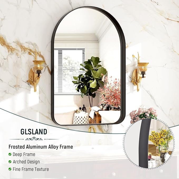 GLSLAND 26”x38“ Black Arched Bathroom Mirror - Aluminum Alloy Framed Wall- Matted Wall Mirrors for Bedroom, Entryway Mirrors for Wall