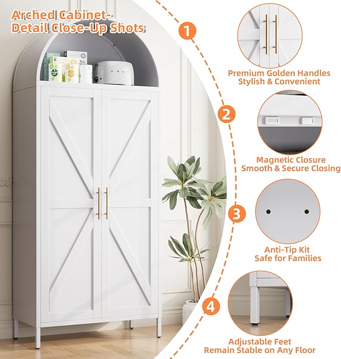 GangMeri Farmhouse Kitchen Pantry Cabinet, Arched Storage Cabinet with Doors and Adjustable Shelves, Tall Freestanding Cupboard for Laundry, Dining Room, Living Room, Bathroom(White)