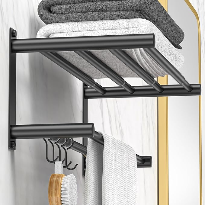 Black Adjustable Black Towel Bar for Bathroom Wall Mount17-30.7inch Adhesive Shower Towel Rack Stainless Steel Bath Towel Holders for Toilet Kitchen Double Towel Hanger