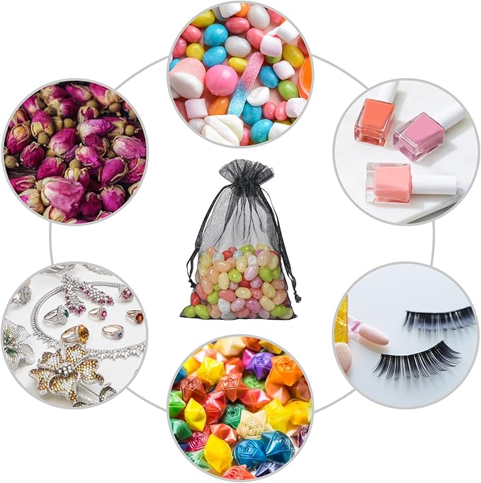Hopttreely 100pcs Organza Bags, Black 4''x4.72''(10x12cm) Satin Drawstring Organza Pouch Wedding Party Favor Gift Bag Jewelry Watch Bags