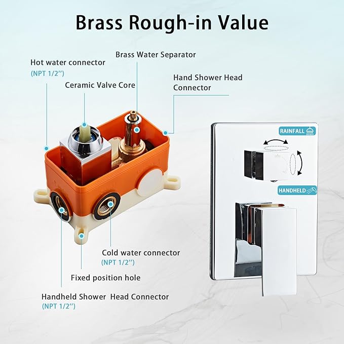 8 Inch Ceiling Mount Shower Faucet Set, Polish Chrome Rainfall Shower System, Square Rain Shower Head with Handheld Spray Combo Ceiling, Silver Rainfall Shower Faucet Fixtures (3-Setting)