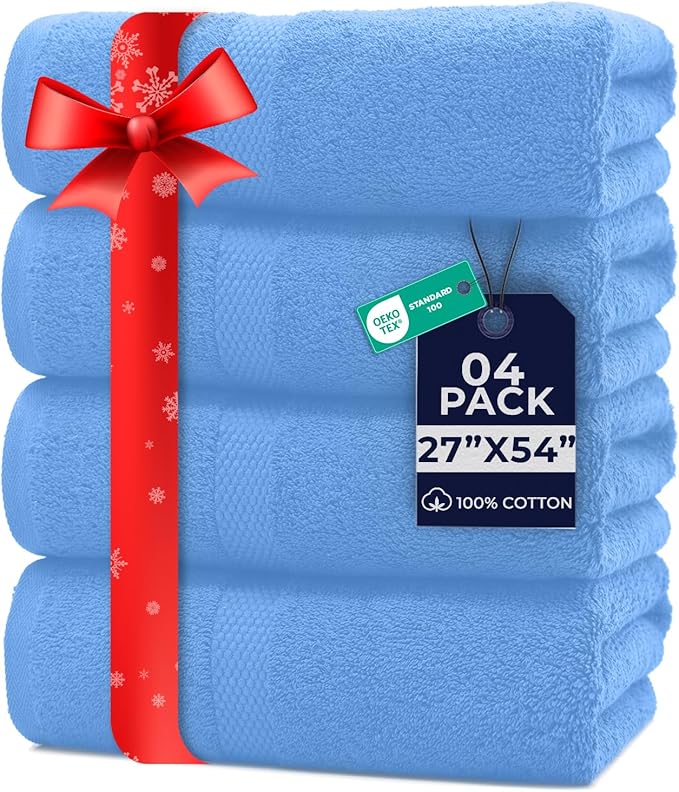 DAN RIVER Bath Towels Set of 4, 27 x 54 Inches, 100% Cotton, Larger & Lighter Weight, Quicker to Dry, Super Soft and Absorbent, Ideal Cotton Towels for Bathroom for Daily Use, Medium Blue