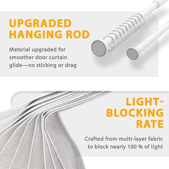 Accordion Door Curtain Set - 100% Blackout, with Curtain Rod Included, for Bedroom Privacy Protection (White-53 W x 78" L+Rod)