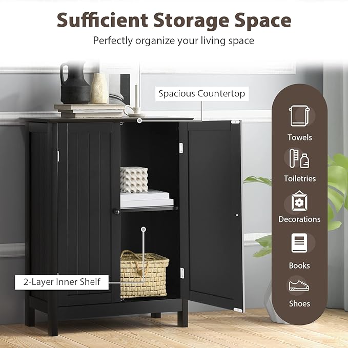 Tangkula Freestanding Storage Cabinet with Double Doors and Shelf, Modern Home Furniture, Wooden Home Organizer for Living Room, Bathroom Storage Cabinet (Black)