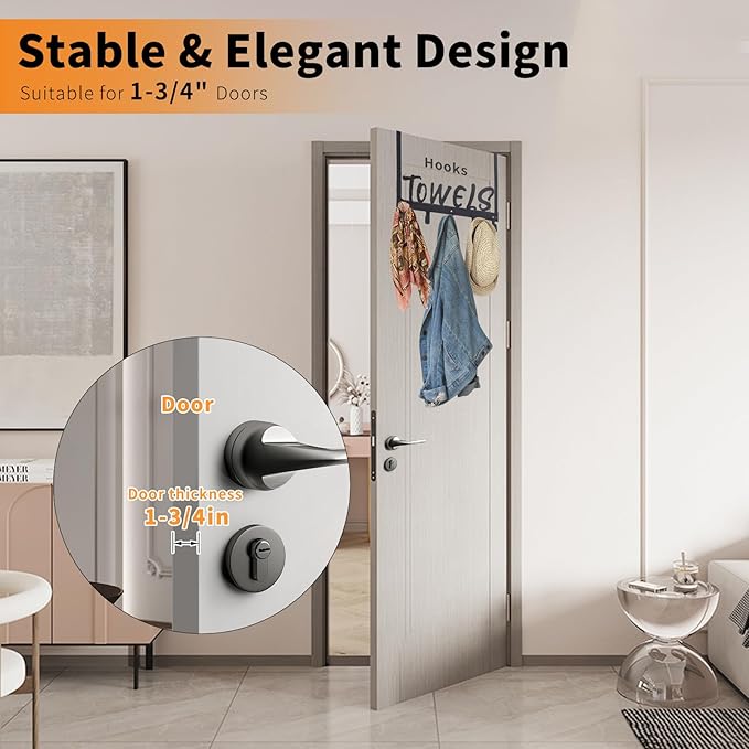 Over The Door Hook, Towel Holder Towel Hook for Bathroom, Towel Hanger Door Rack with 5 Coat Hooks, Over The Door Hanger Towel Rack for Bathroom, Bedroom Towels Coats(White)