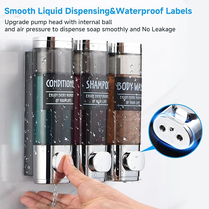 Shampoo and Conditioner Dispenser,GlintGath Shower Dispenser 3 Chamber No Drill Shampoo Dispenser for Shower Wall Mounted Shower Soap Dispenser for Bathroom Hotel,3 * 300ML,Chrome