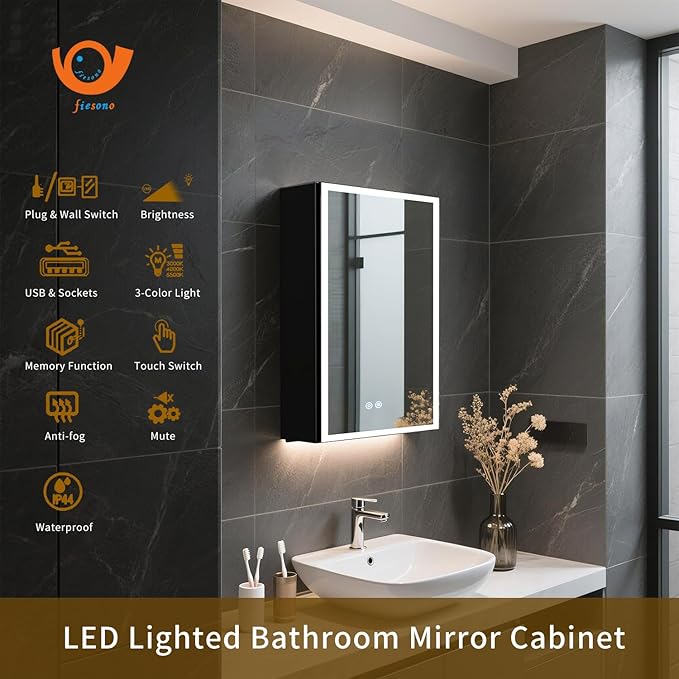 Lighted Medicine Cabinet with Mirror, 20 x 28 inch LED Bathroom Cabinet with Anti-Fog, Dimmable 3 Colors Front & Bottom Light, Buit-in Sockets & USBs, 2 Shelves, Plug-in or Hardwired