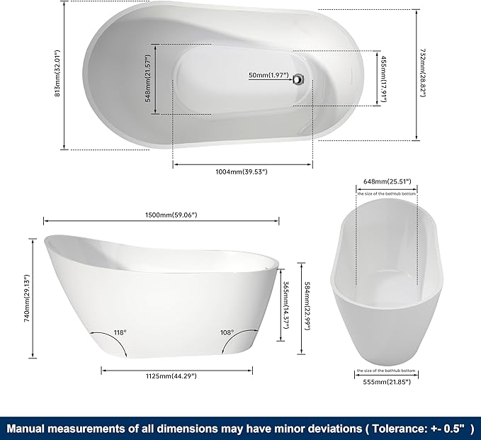 59" High-back Acrylic Freestanding Bathtubs, Stand Alone Tub, Soaking Tubs for Bathroom, Integrated Overflow and Drain, cUPC Certified, Gloss White