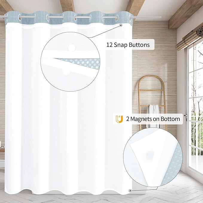 MitoVilla Blue Long Shower Curtain Liner Set 72 x 80, No Hooks Needed 80 inch Long Heavyweight Waffle Fabric Shower Curtain Set with Snap-in Liner for Hotel Grade Spa-Like Bathroom Decor, Fog Blue