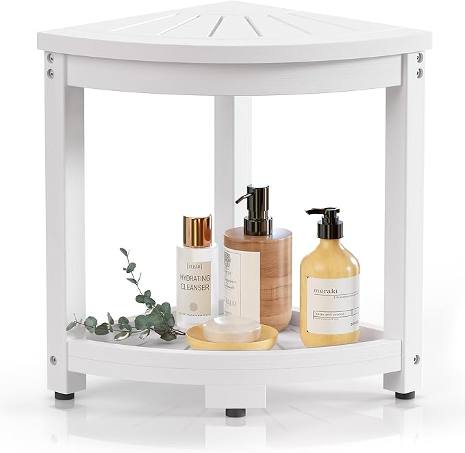 Waterproof Corner Shower Stool for Inside Shower, Poly Lumber Shower Bench Seat Chair, Bath Shower Stool for Shaving Legs Foot Rest with Storage Shelf, Adjustable & Non-Slip Feet, White