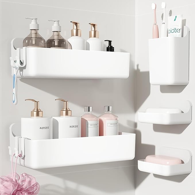 Nieifi Adhesive Wall Shelf, Shower Shelves 5 Pack with Soap Holder, Shower Organizer for Bathroom Organization, White