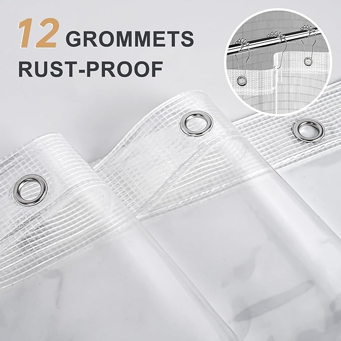 AmazerBath Heavy Duty Shower Curtain Liner 12 Gauge, 72 x 84 Inches Clear Shower Curtain Liner with 3 Clear Stones and 12 Grommet Holes, Weighted Plastic Shower Liner